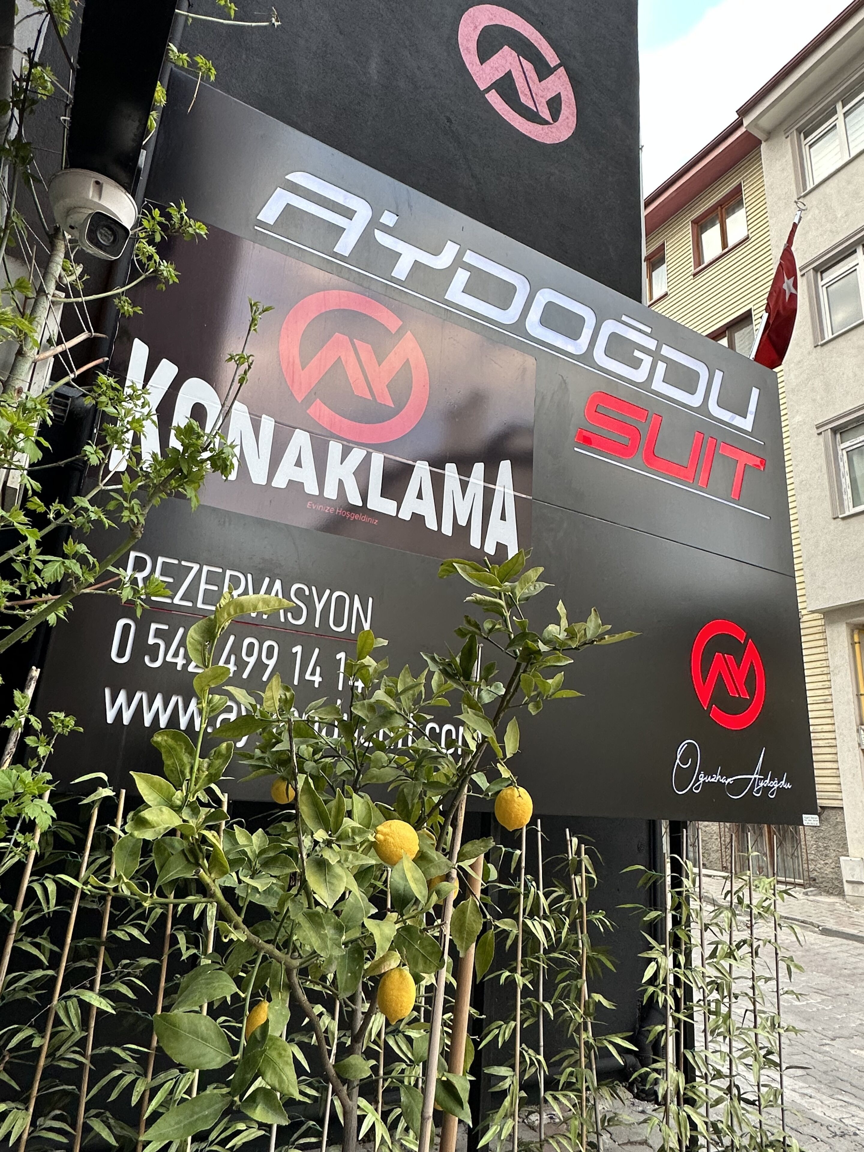 A large sign with the text "AYDOGDU SUIT" and a logo, surrounded by greenery.