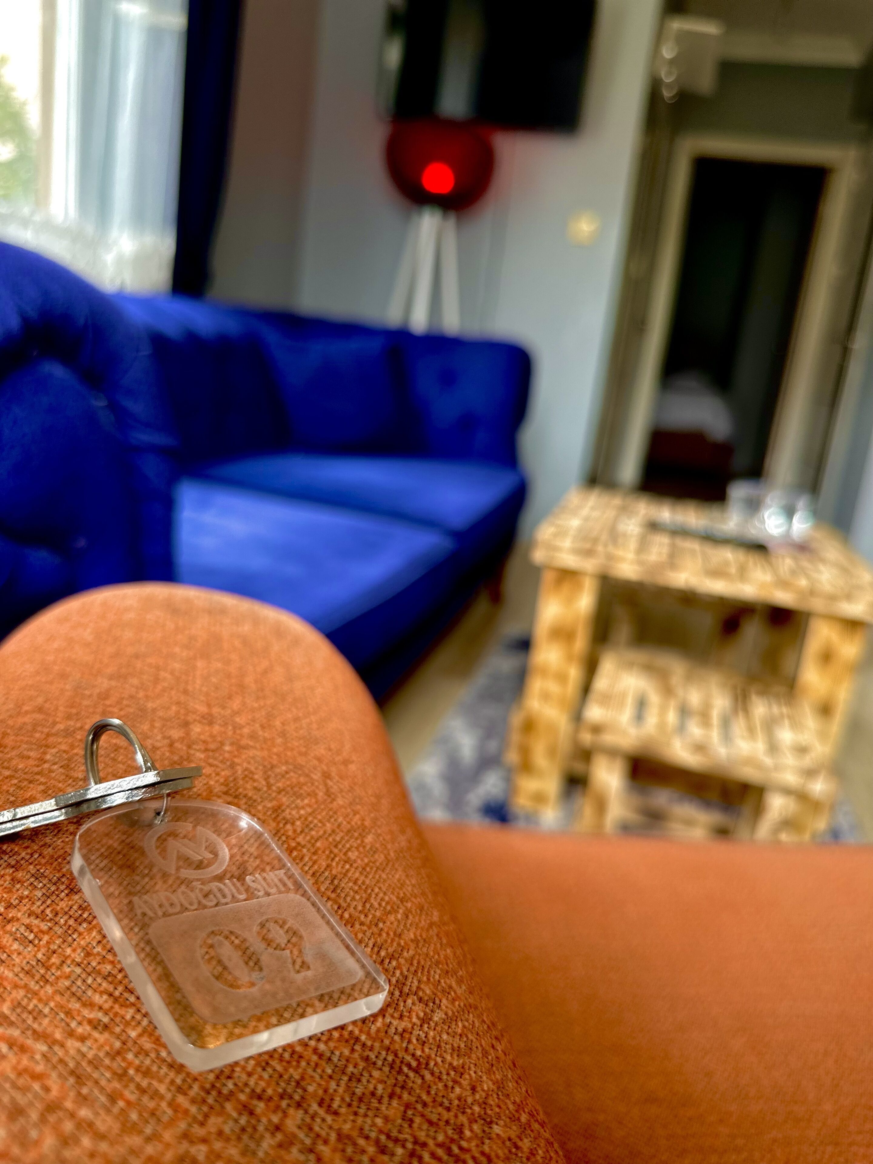 Un gros plan d’un porte-clés doté d’un étui en plastique transparent et d’un anneau en métal.