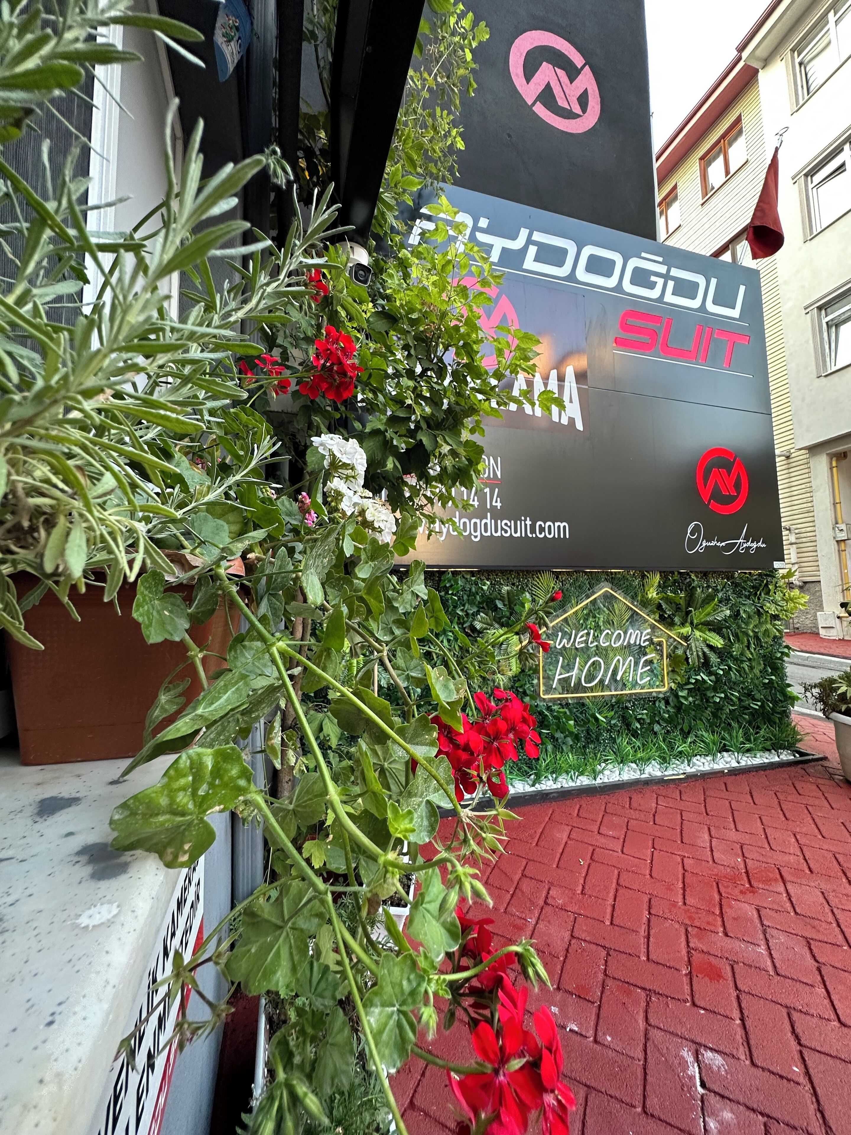 A sign with the text "DOGSUIT" and a website address, surrounded by greenery and a "WELCOME HOME" sign.