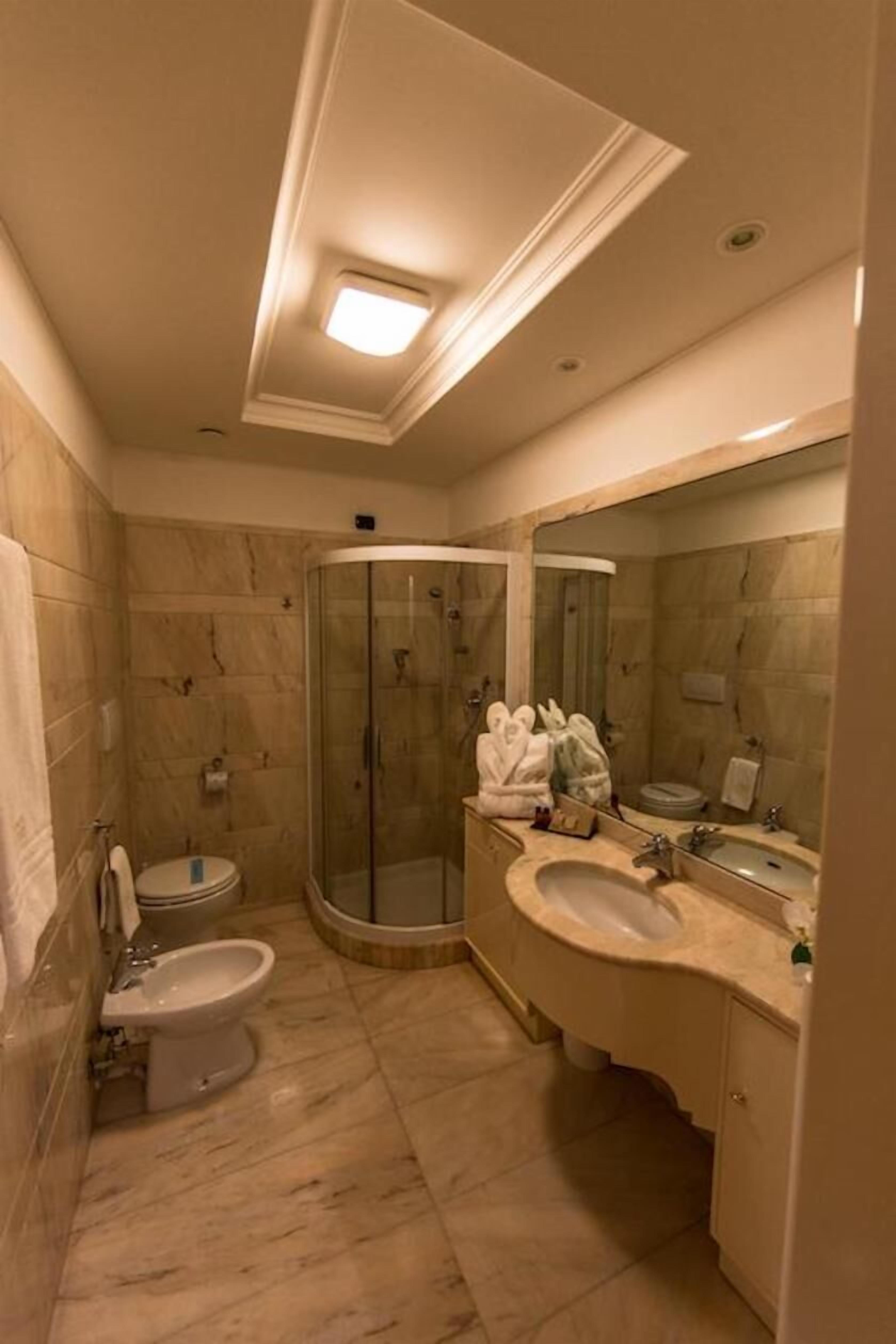 shower, hair dryer, bidet, towels