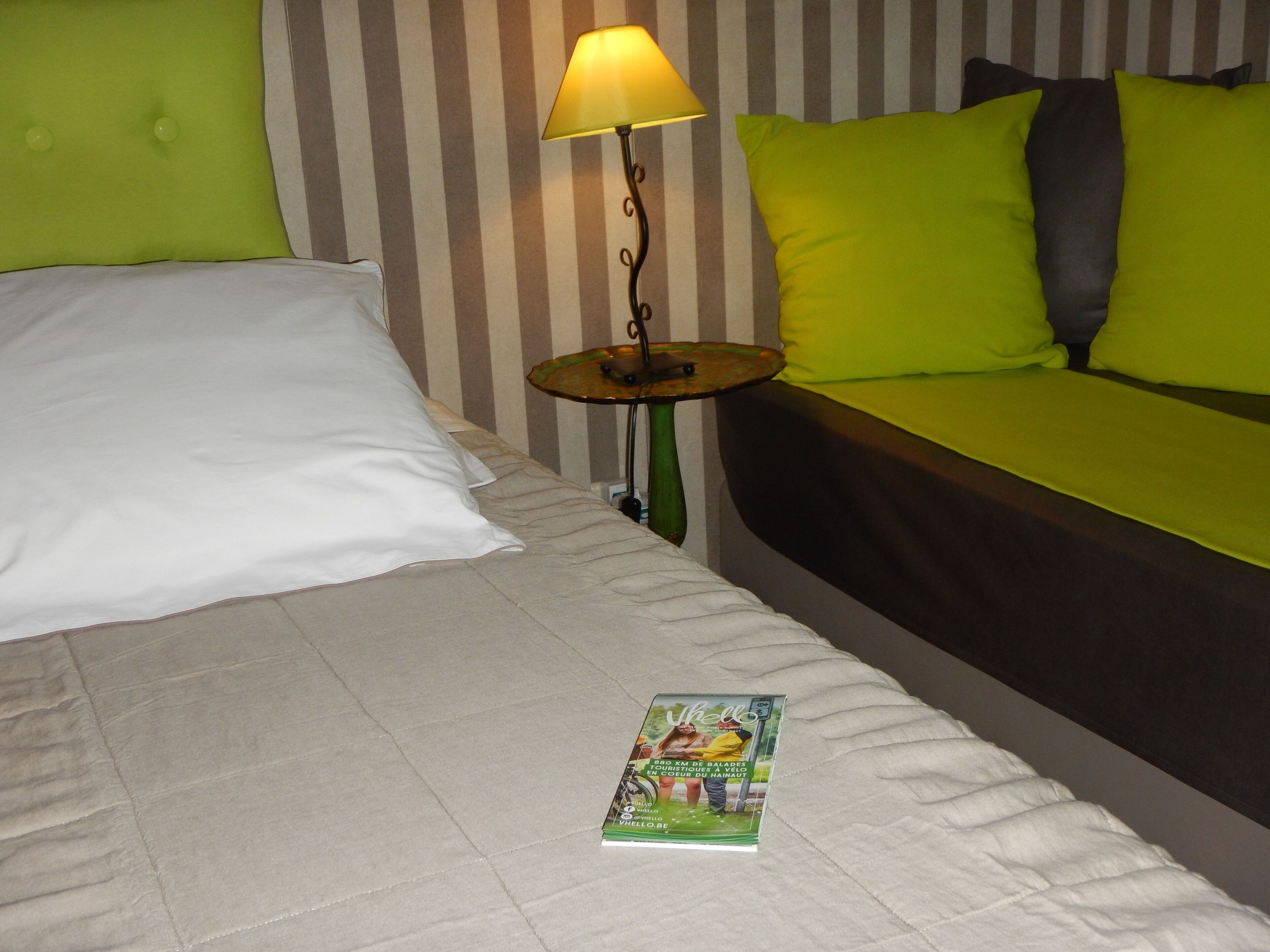 A bed with a green pillow, a white pillow, and a magazine on the bed. There is a lamp on a small table beside the bed.