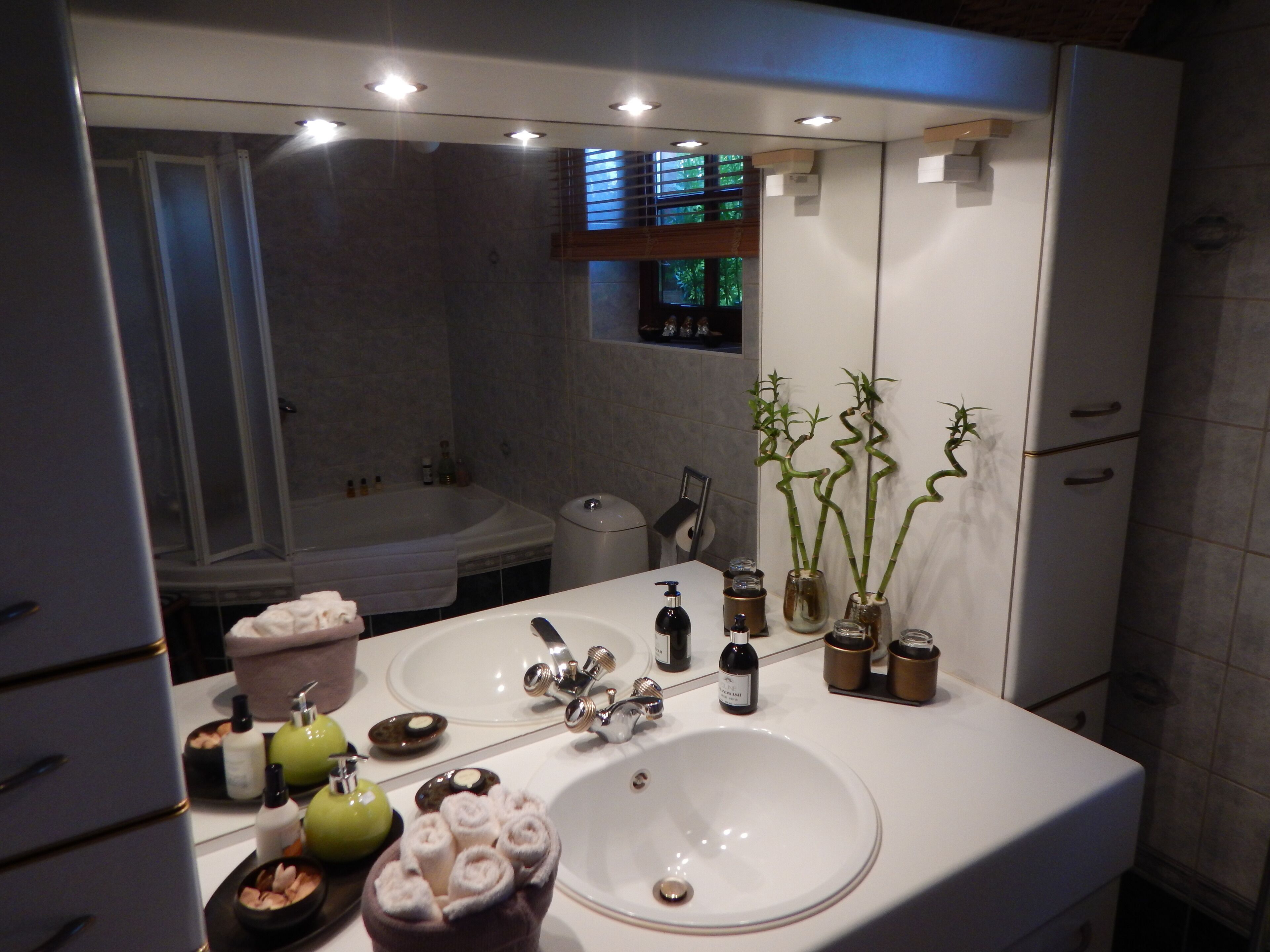 Een moderne badkamer met een groot wastafelmeubel, spiegel en twee planten.