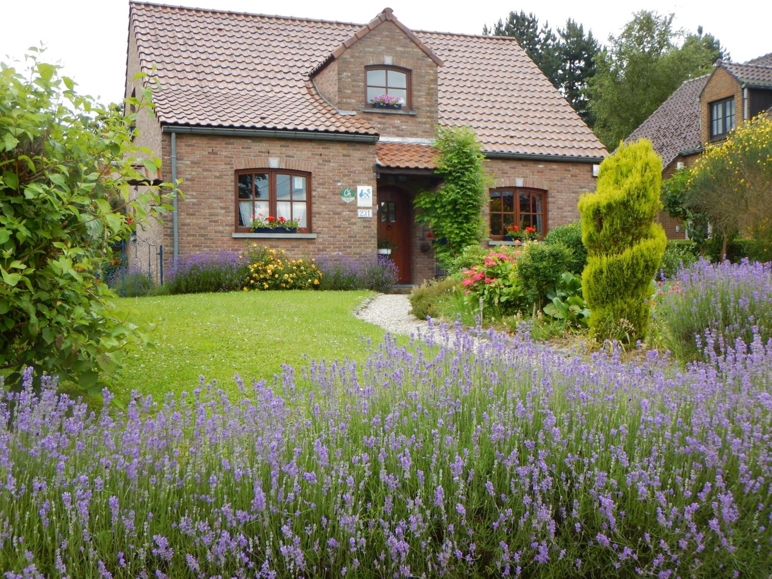 Una casa de ladrillo con tejado de tejas, puerta principal y un pequeño jardín con lavanda y otras flores.