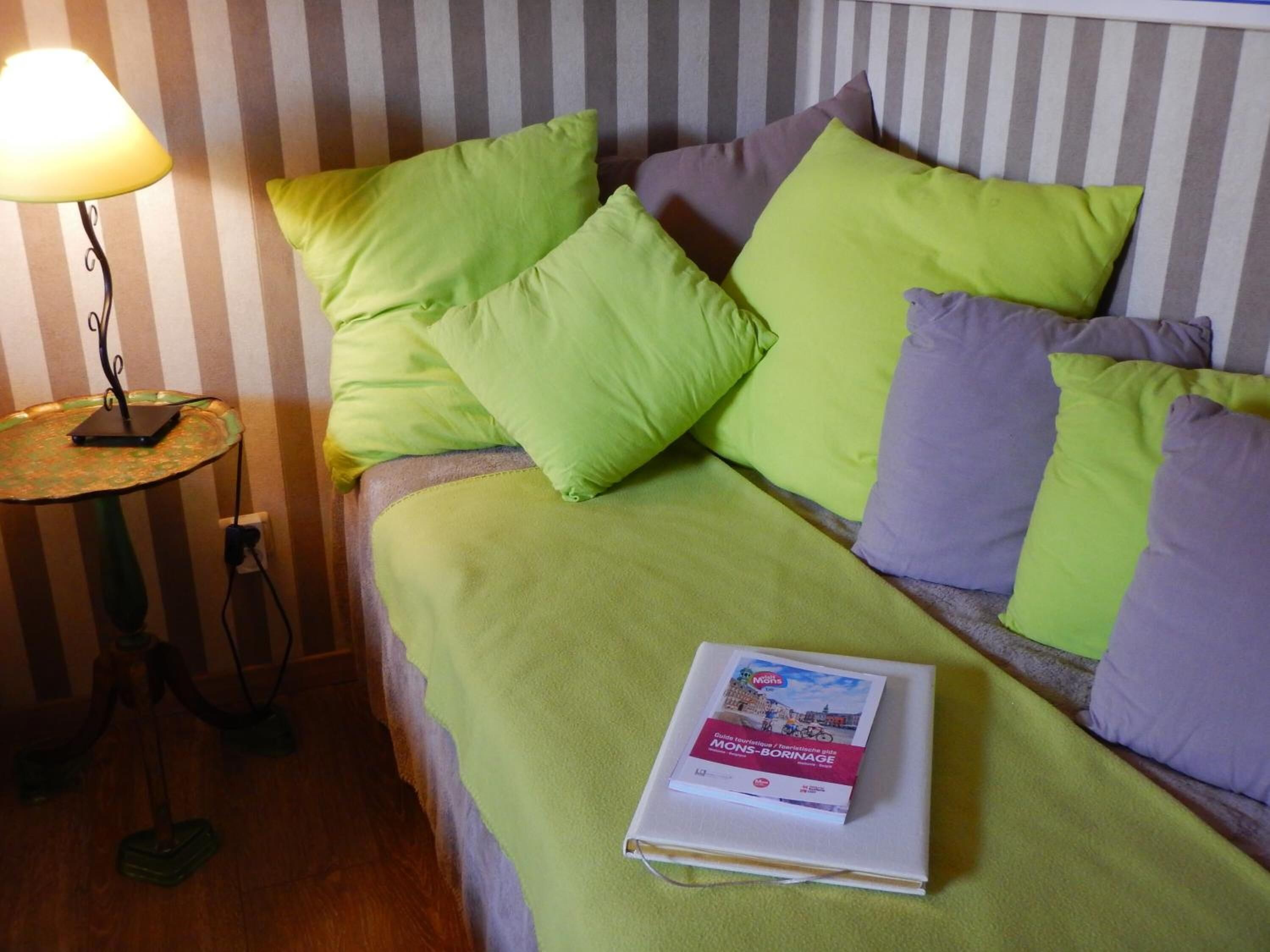 A bed with green and purple pillows, a lamp on a side table, and a book on the bed.