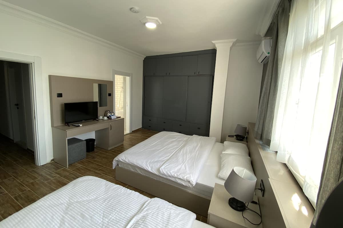 Habitación de hotel con dos camas, un escritorio con televisor, un armario y una ventana con cortinas.