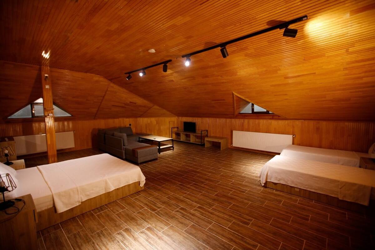 Un dormitorio abrigado en el ático, con suelo de madera, un sofá, dos camas y un televisor.