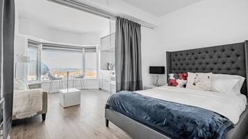 Premium bedding, down comforters, pillowtop beds, desk