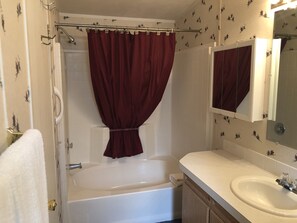 Ensemble douche/baignoire, sèche-cheveux, serviettes fournies, savon