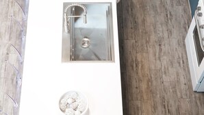 A modern kitchen with a white countertop, stainless steel sink, and a potted plant. - Luxury apartment with a private rooftop deck located in the heart of downtown JC (Johnson City)