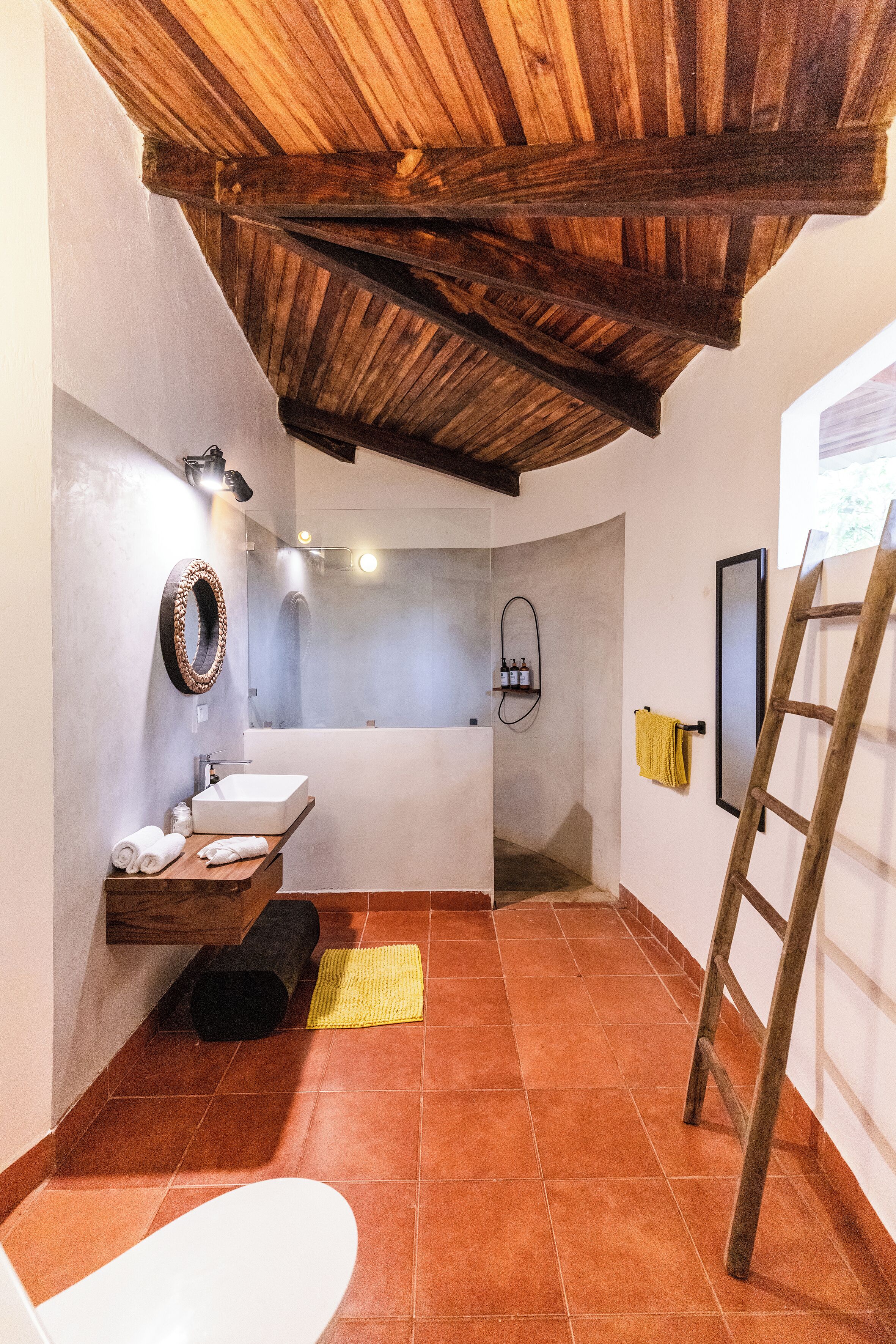 villa | bathroom | shower, rainfall showerhead, hair dryer, towels