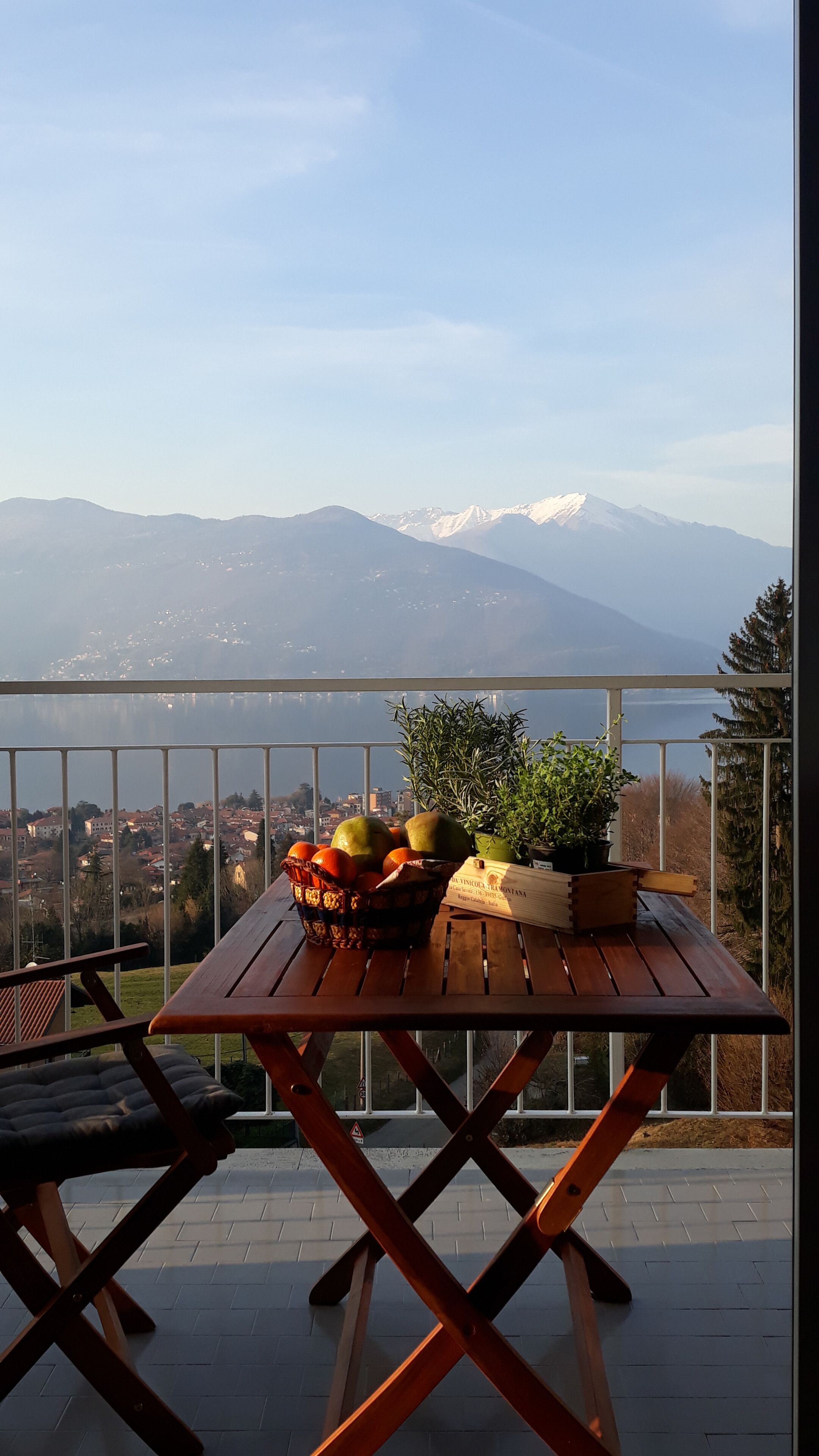 A wooden table with fruits and a plant on a balcony overlooking a mountainous landscape.