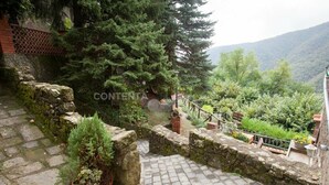 A stone pathway leading to a garden with potted plants and a view of a forested mountain. - Stone house with 4 double bedrooms and kitchen with fireplace (Boveglio)