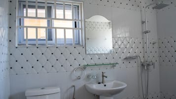 Shower, towels, soap, toilet paper