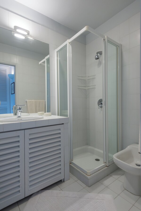 A modern bathroom with a glass-enclosed shower, a sink with a mirror, and a bidet. - Splendid 3 Bedroom Triplex with Beautiful Sea View Terrace, Center Village (Saint-Jean-Cap-Ferrat)