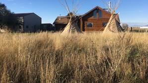 Une cabane en rondins avec deux structures en forme de tipi, situées dans un champ herbeux.