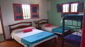 A room with two wooden beds, one with a blue bedspread and the other with a pink pillow. - Finca Ecoturistica La Argelia (Montenegro)