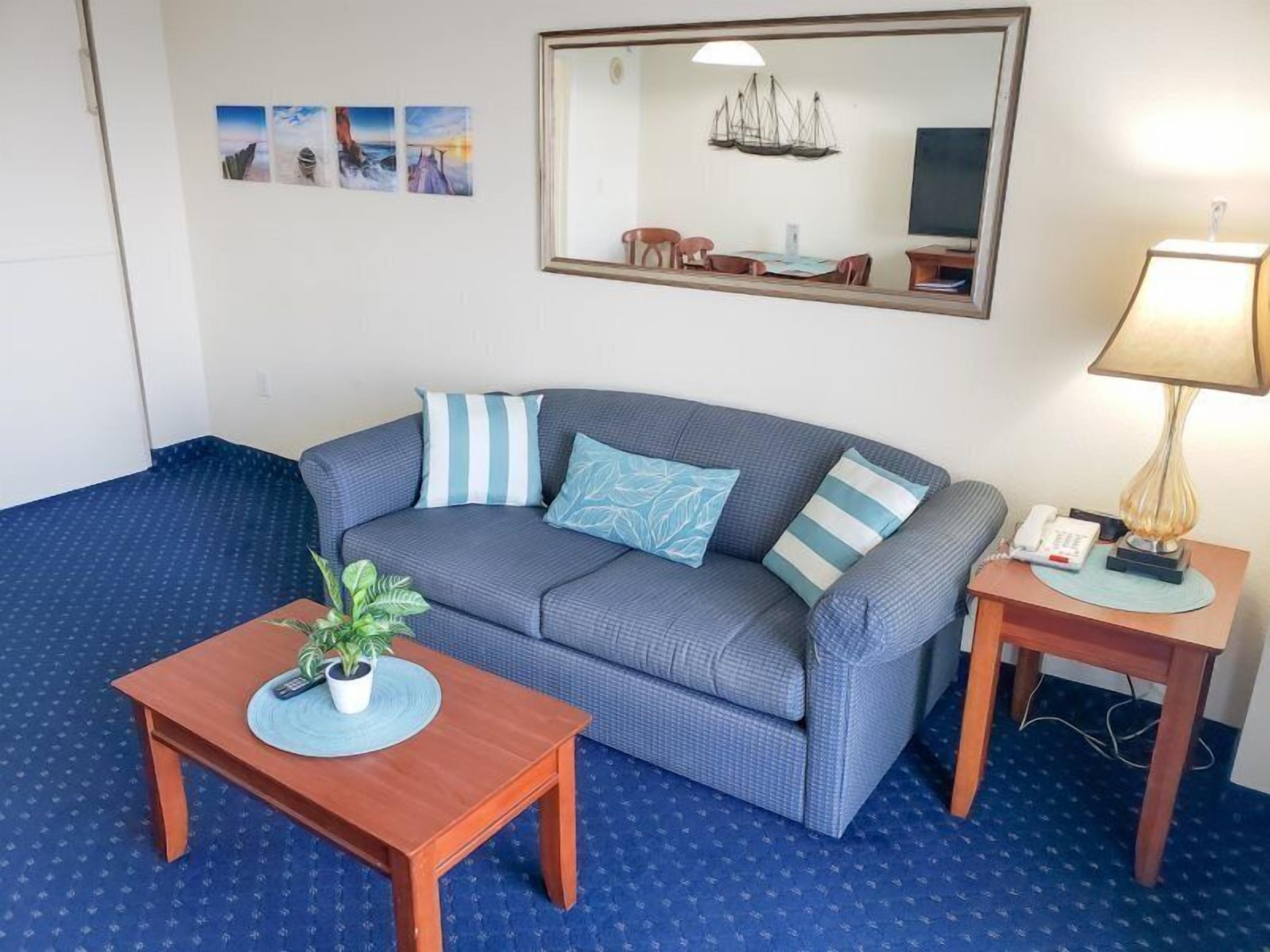 Une pièce avec un tapis bleu à motifs, un canapé gris agrémenté de coussins à rayures, une table basse en bois avec une plante, une table de chevet avec une lampe et un miroir au mur.