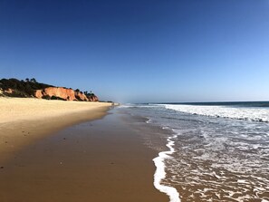 Uma praia com uma orla arenosa e um penhasco ao fundo.