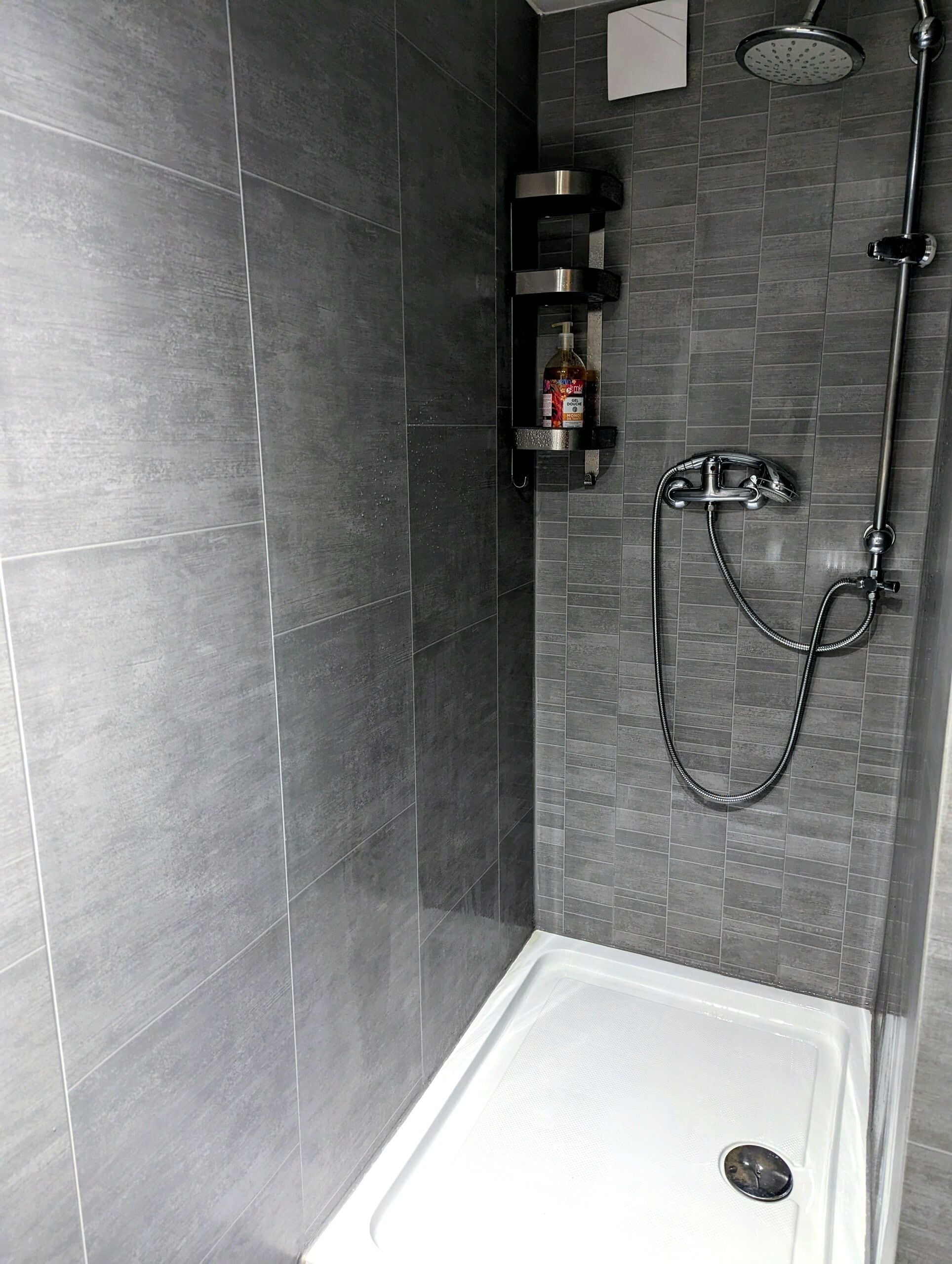 Un espace douche moderne doté d’un pommeau de douche à main, d’un robinet mural et d’un distributeur de savon.