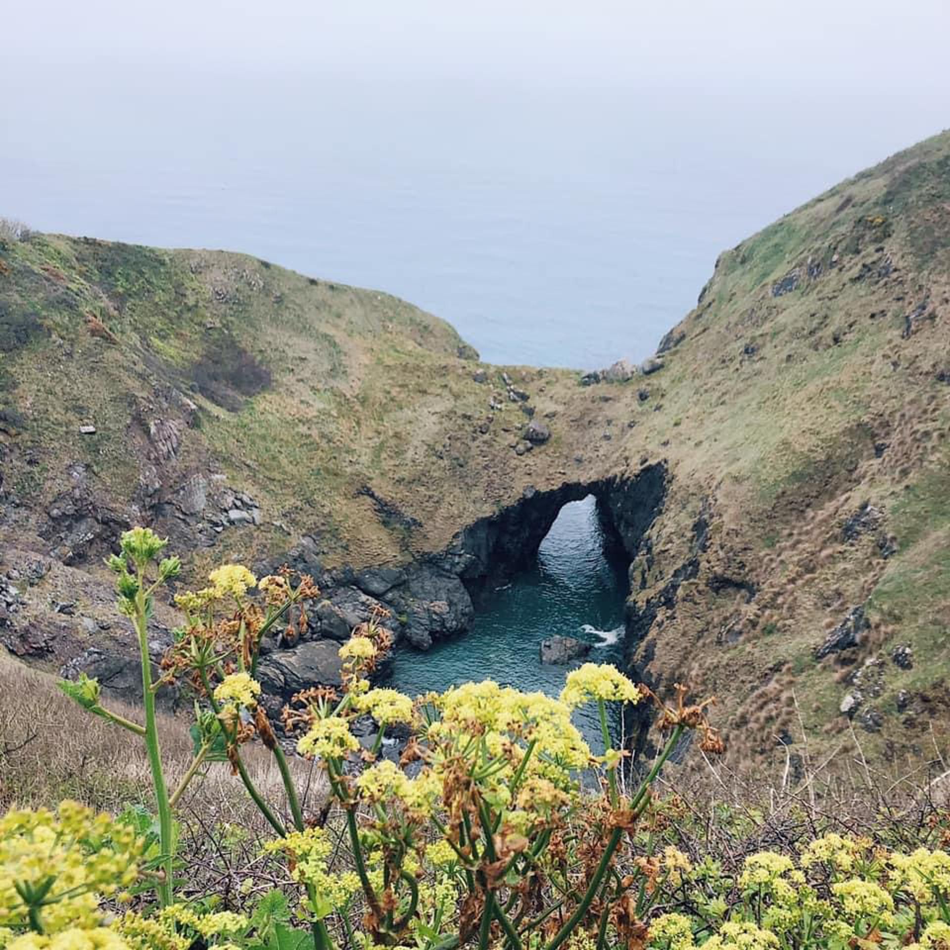 A coastal landscape with a natural rock formation creating a tunnel-like opening to the sea.