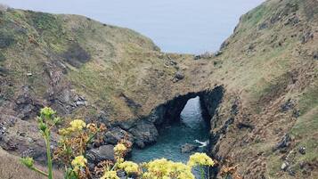 A coastal landscape with a natural rock formation creating a tunnel-like opening to the sea.