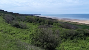 A coastal landscape with a beach, dense greenery, and a clear sky. - Charming cottage with a veranda facing south overlooking an orchard. (Colleville-sur-Mer)