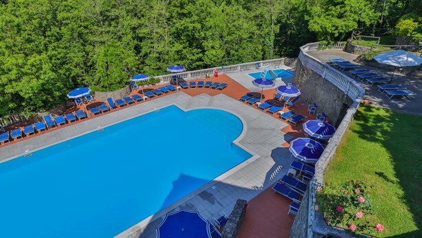 Une grande piscine entourée d’un mur de pierre et d’une végétation luxuriante, avec des chaises longues bleues et des parasols.