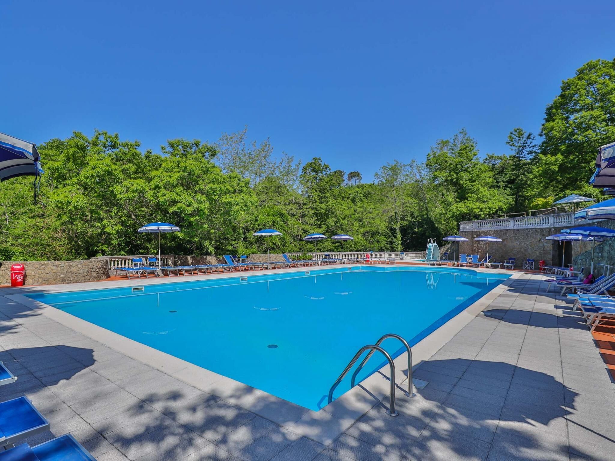 A swimming pool with lounge chairs and umbrellas, surrounded by trees.