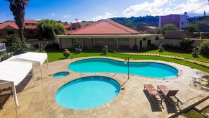 Indoor pool, outdoor pool, open open 24 hours a day, pool umbrellas