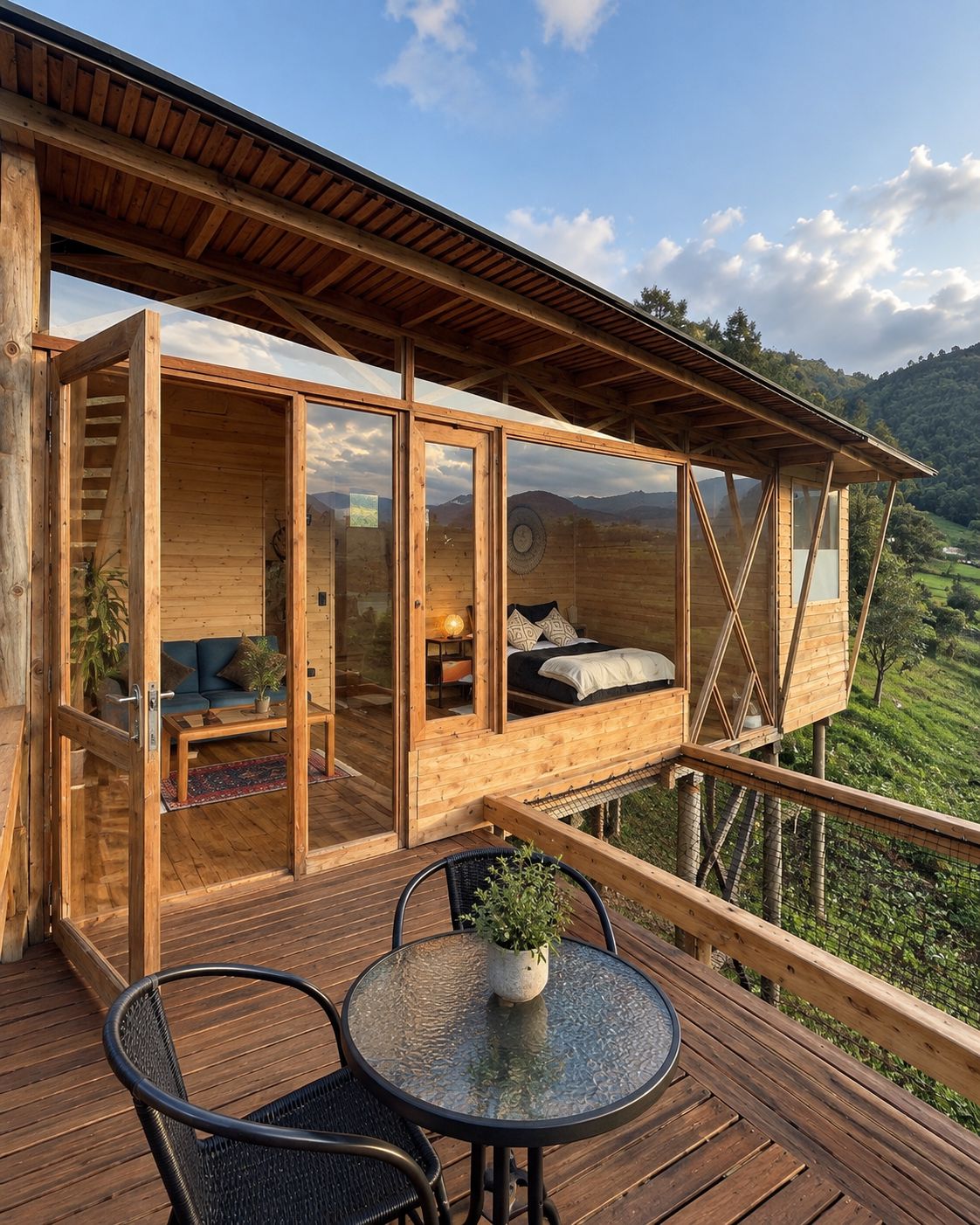 Uma cabana de madeira com quarto envidraçado, varanda com mesa e cadeiras, e vista panorâmica do campo.