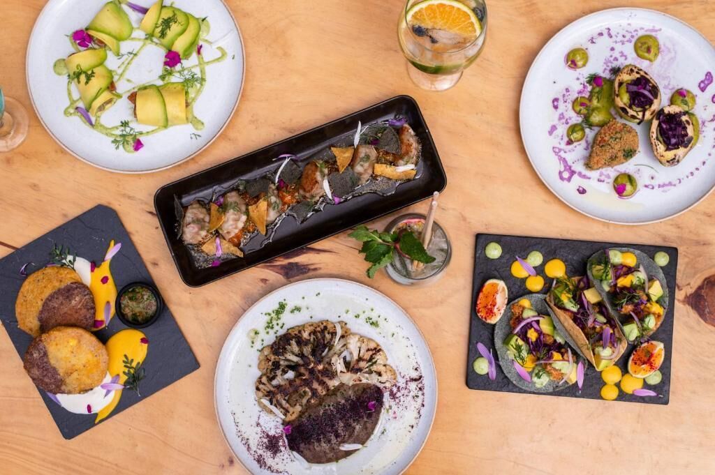 Variedad de platos sobre una mesa de madera, incluyendo tacos, un recipiente negro rectangular y un plato con un alimento a la parrilla.