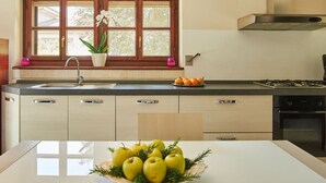 A modern kitchen with a large window, a stove, and a bowl of apples on the counter. - Lovely apartment for 5 people with WIFI, TV, patio and pets allowed (Samolaco)