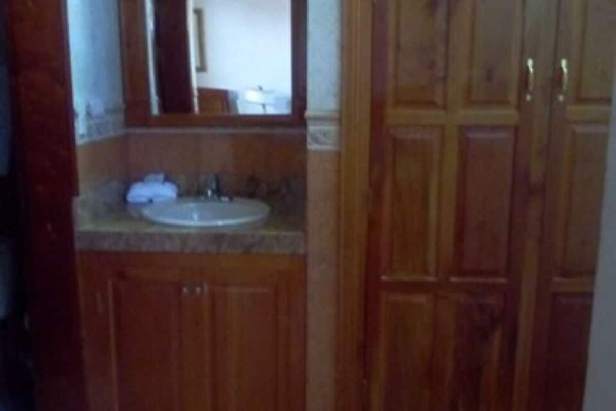 shower, rainfall showerhead, hair dryer, towels