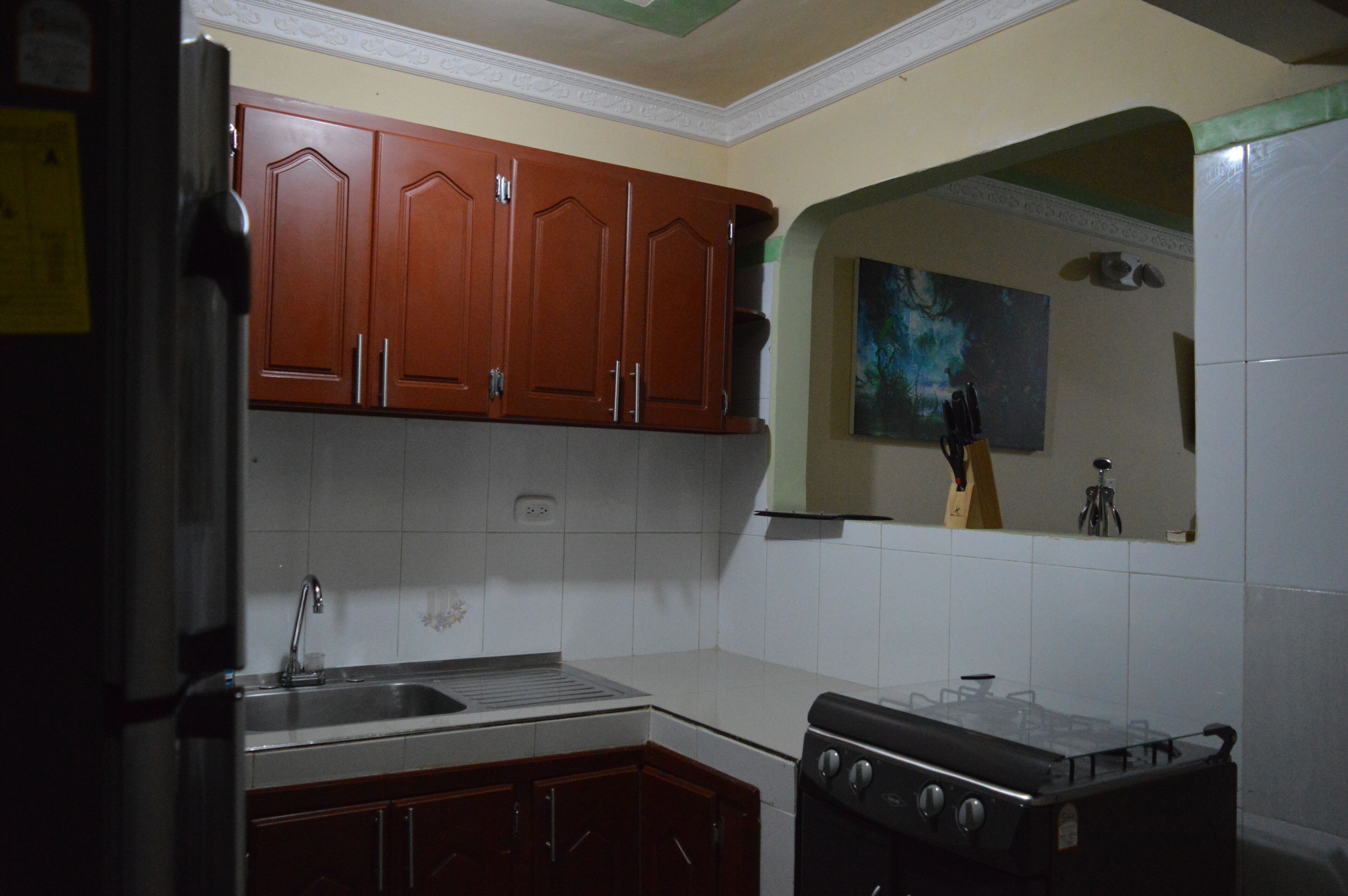 Refrigerador, cafetera y tetera y utensilios de cocina 