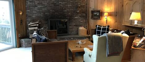 Télévision, cheminée, lecteur de DVD, livres