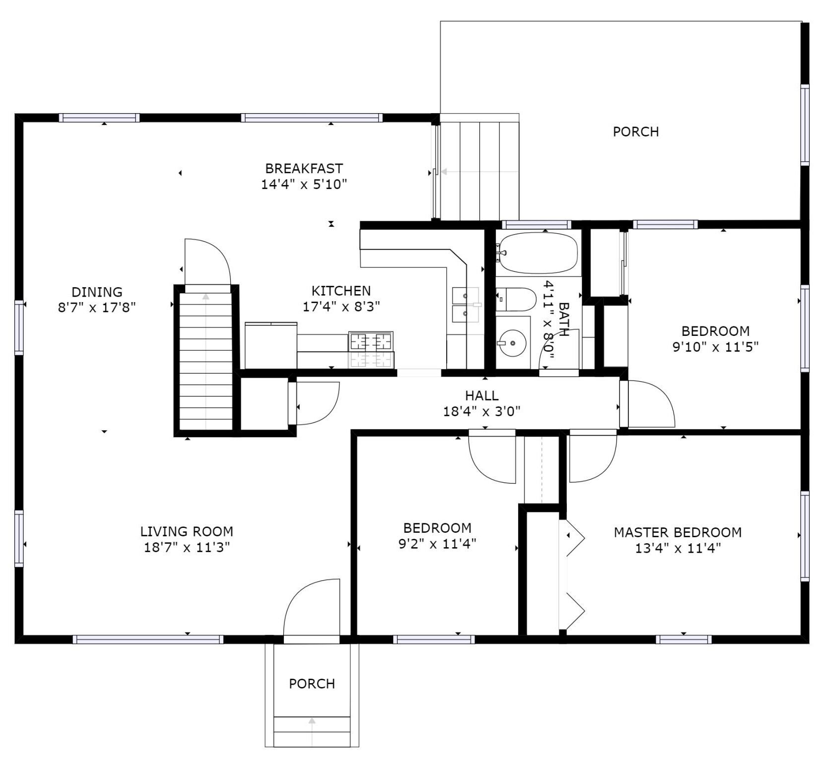 A floor plan with a living room, dining area, kitchen, two bedrooms, a bathroom, a hall, and a porch.