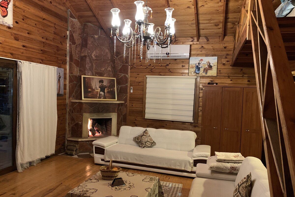 Un salon chaleureux avec une cheminée, un canapé blanc, un pouf à motifs et un lustre.