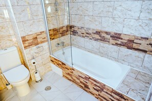 Shower, hair dryer, bidet, towels