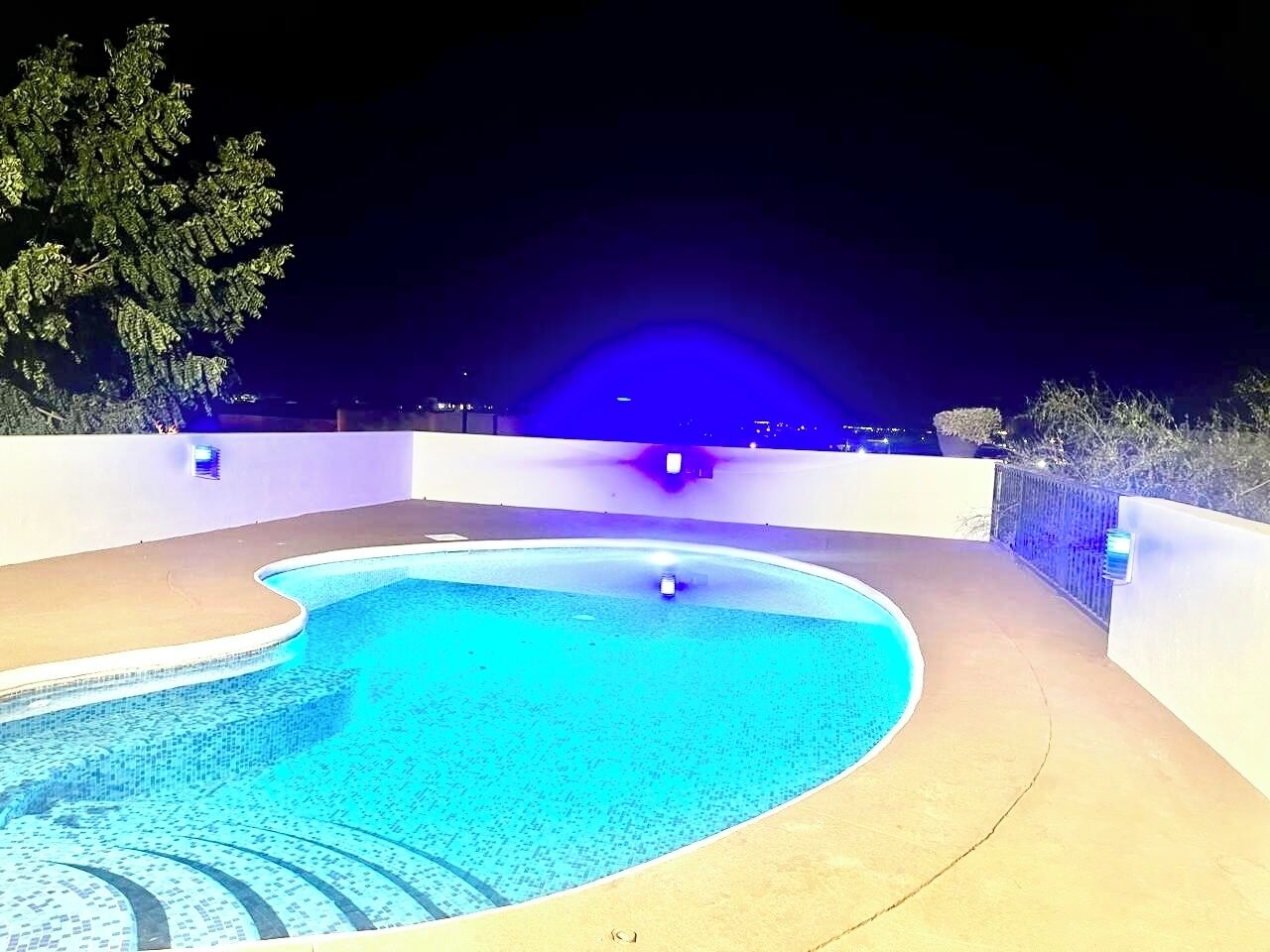 A swimming pool with a curved edge, surrounded by a concrete deck and a low wall.