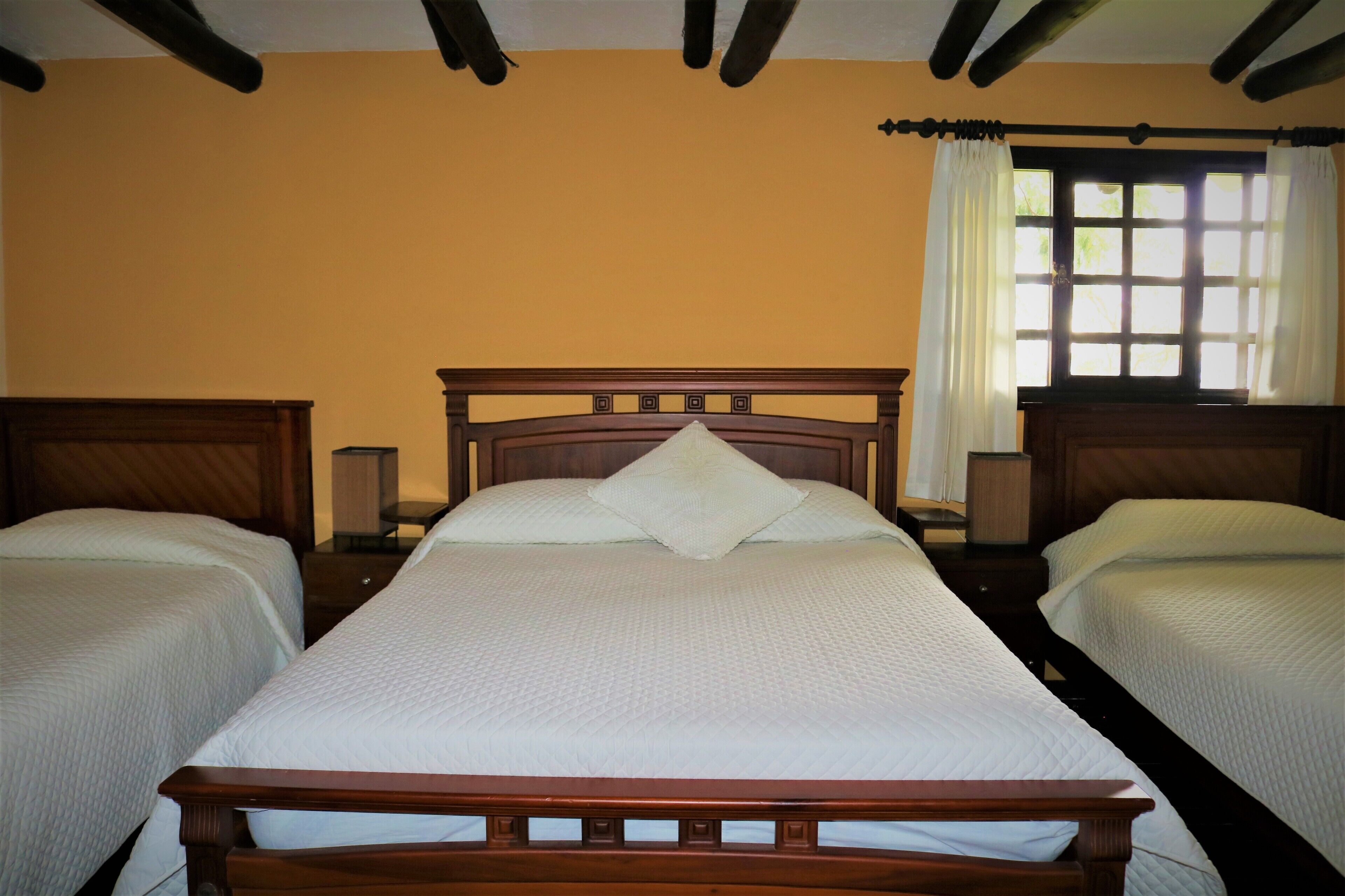A room with two single beds, wooden headboards, a large window with curtains, and a wooden ceiling.