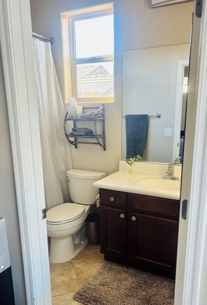Bathtub, hair dryer, towels, soap
