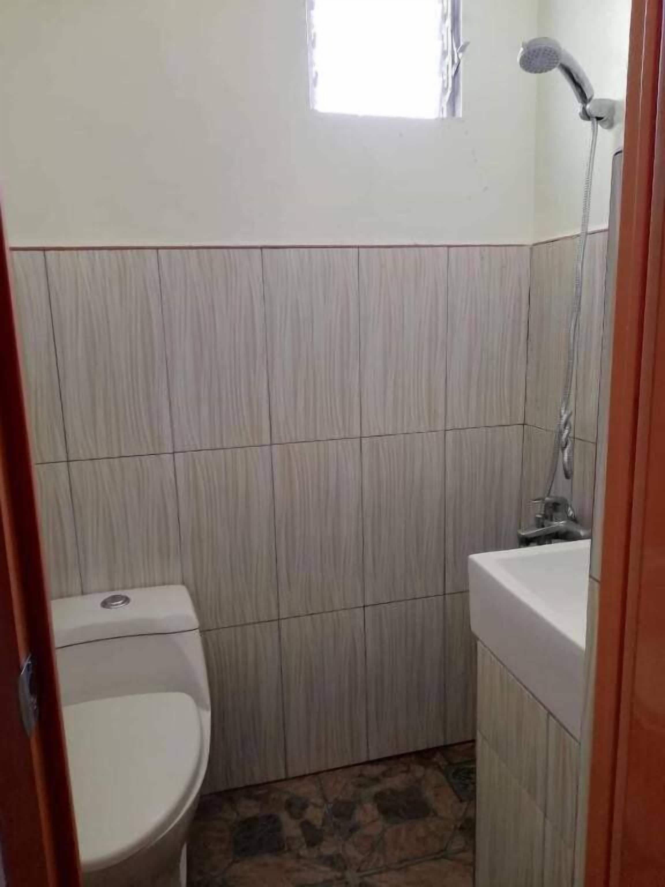 A small bathroom with a toilet, a sink, and a shower.