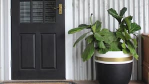 Une porte noire avec une fenêtre, un pot de fleurs et un luminaire fixé sur un mur en métal ondulé.