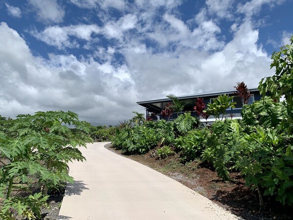 A pathway leading to a building surrounded by lush greenery and a clear sky. - Gorgeous Ocean View, Comfortable Cool Elevation, Close to Everything! (Kailua-Kona)