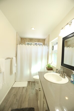 A bathroom with a shower, toilet, sink, and a large mirror. - Gorgeous Ocean View, Comfortable Cool Elevation, Close to Everything! (Kailua-Kona)