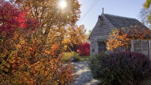 A rustic wooden house with a stone pathway leading to it, surrounded by autumn foliage. - The St. Charles Guest House, lovely historic home, fun for families and groups (St. Charles)