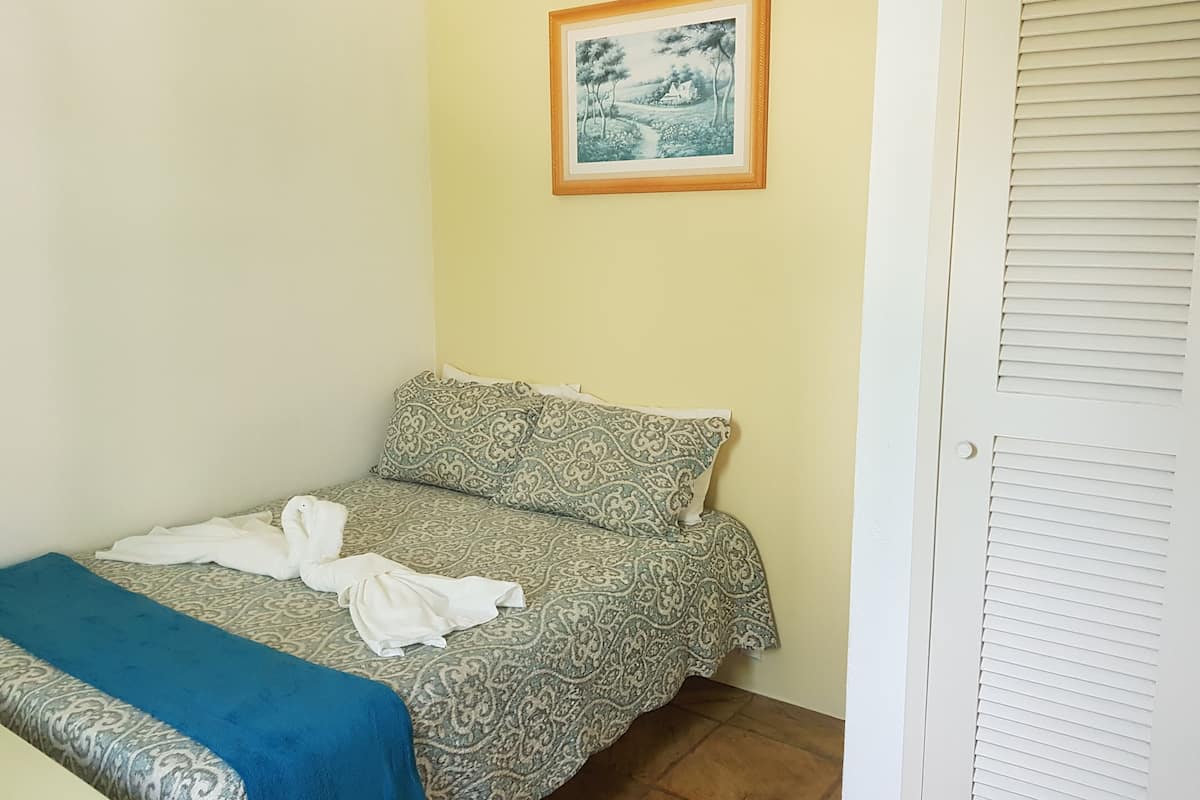 A bedroom with a bed, a blue blanket, patterned pillows, a framed picture on the wall, and a closed door.