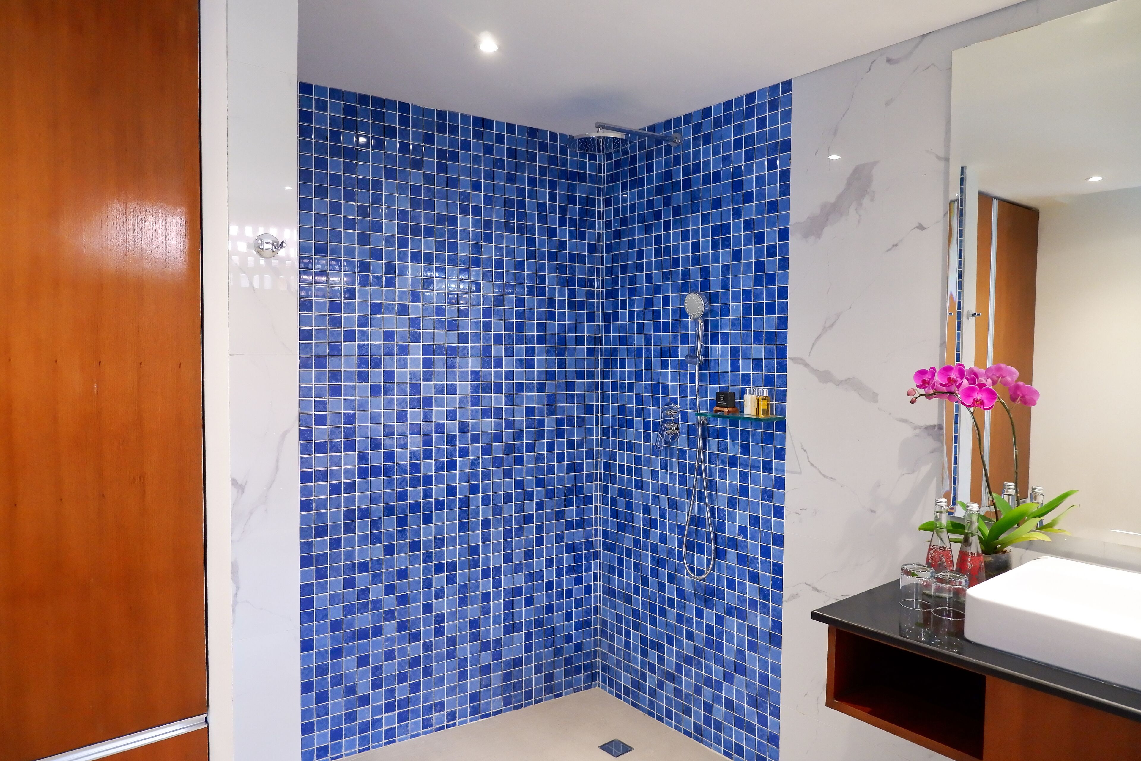 Combined shower/tub, hair dryer, towels, soap