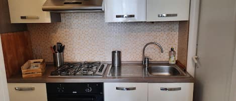 Fridge, oven, coffee/tea maker, cookware/dishes/utensils