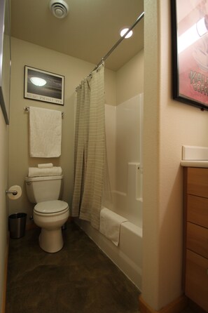 Combined shower/tub, hair dryer, towels, soap